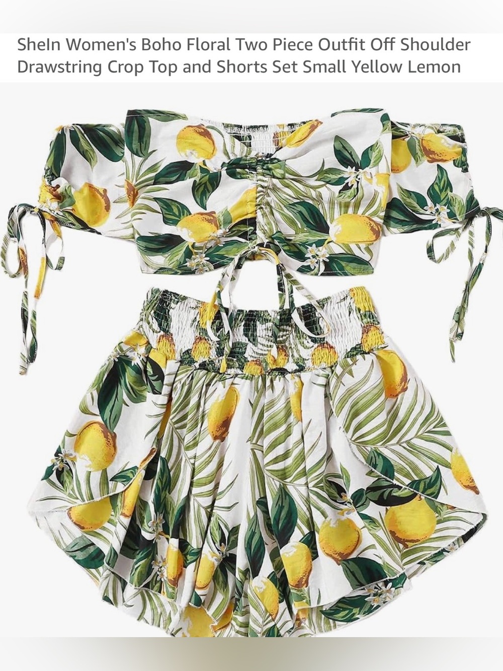 Yellow Lemon Print Two-Piece Off-Shoulder Crop Top and Shorts Set